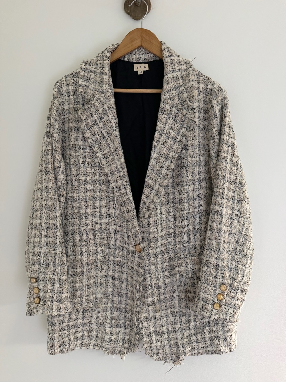 POL Oversized Tweed Blazer M Gold Buttons Longline Old Money